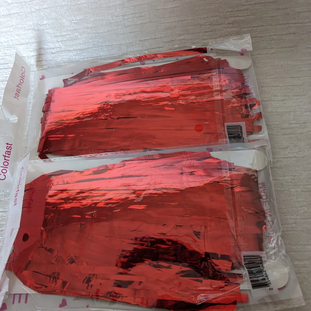 Red Foil Fringe Curtains Set Of Two, Each Is Roughly 3 Ft Wide And 6.5 Ft Long